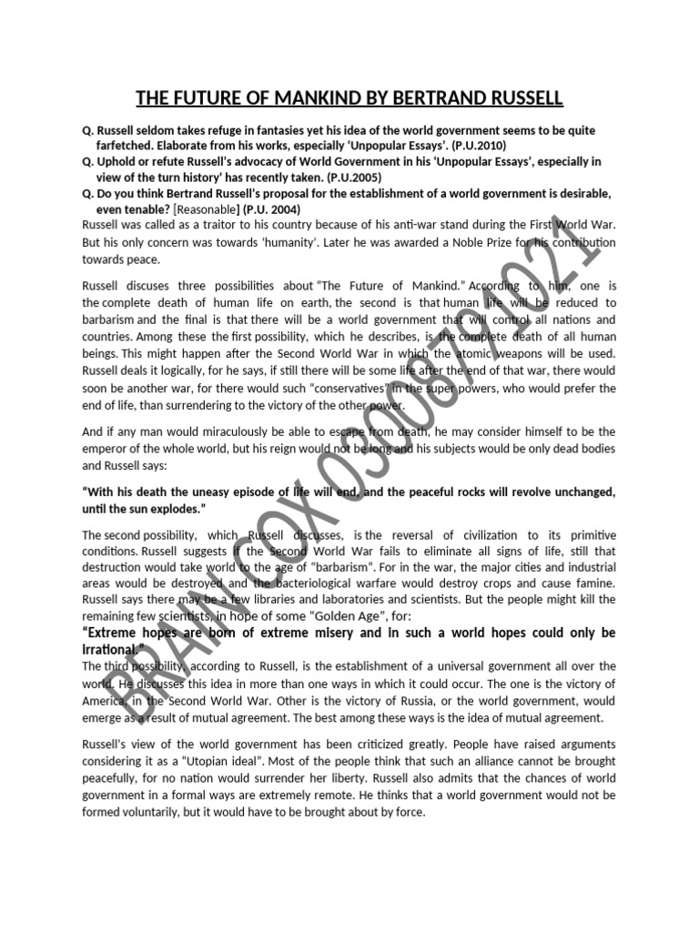 The Future Of Mankind Pdf Bertrand Russell Reason