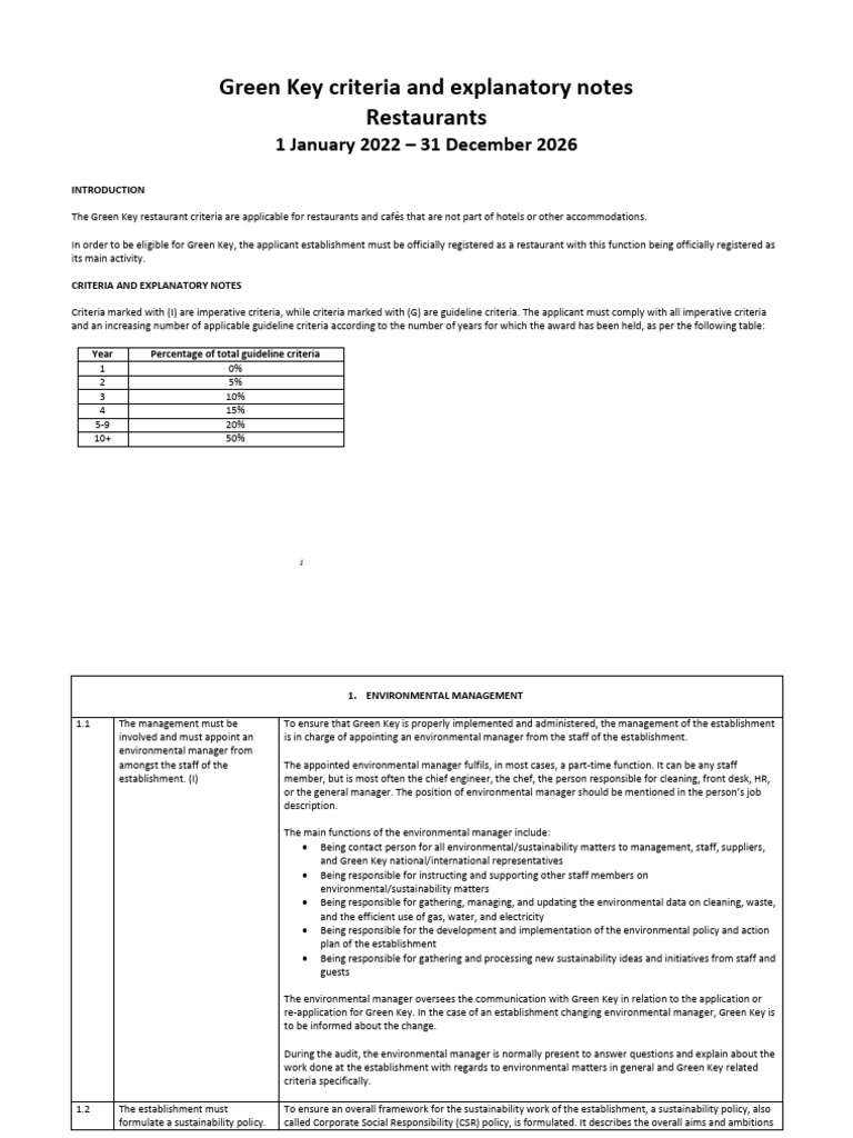 Green Key Criteria and Explanatory Notes Restaurants: 1 January 2022 31 ...