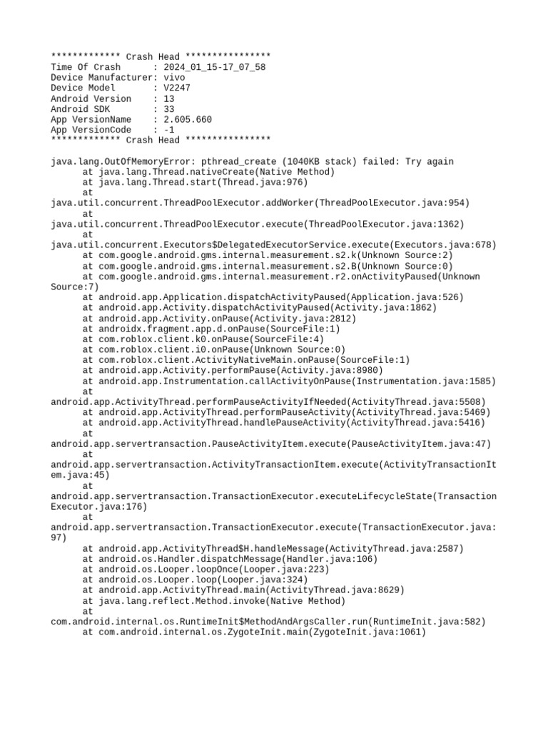 Vivo V2247 OutOfMemoryError Crash Log | PDF | Java (Programming ...