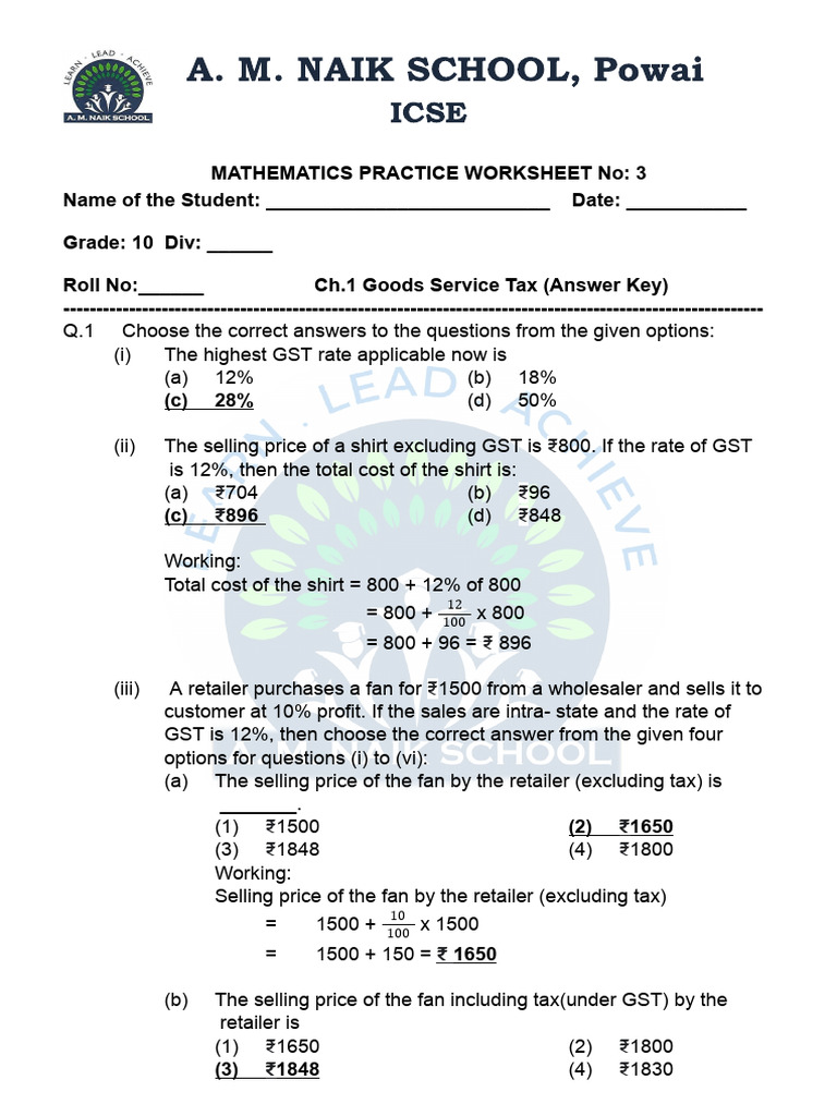 GST Taxation Worksheet Answer Key | PDF | Value Added Tax | Taxes