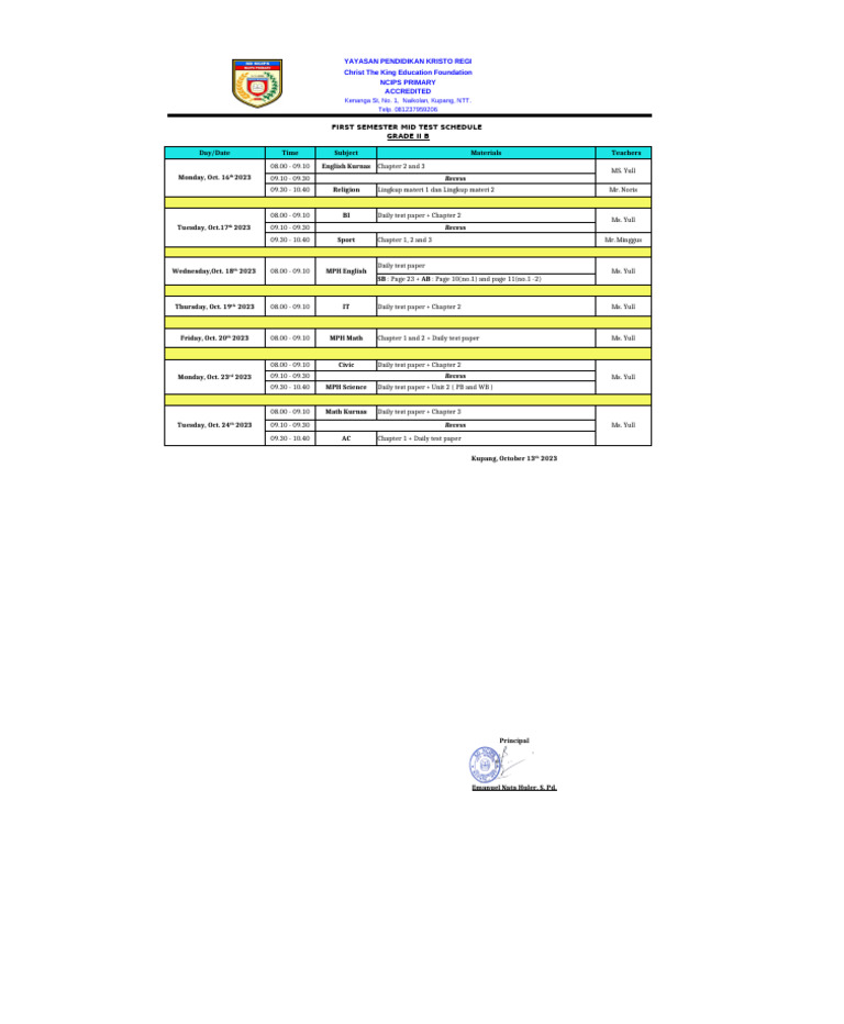 Grade Ii B Mid Test Schedule Pdf