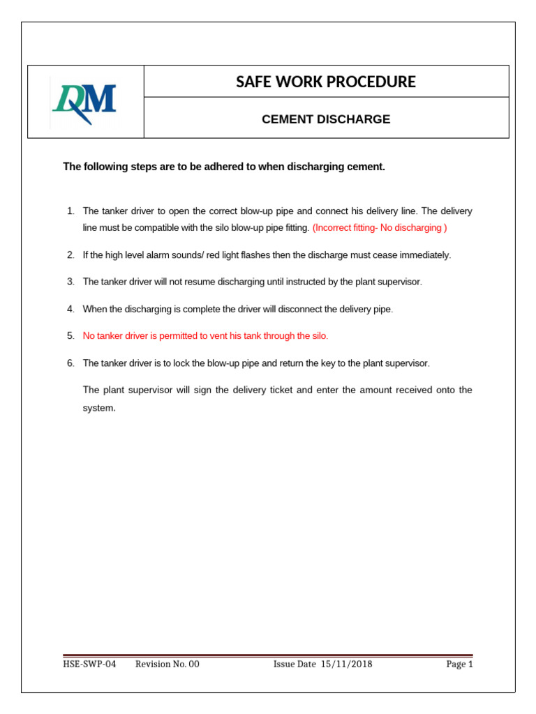 Cement Discharge Safety Procedure | PDF