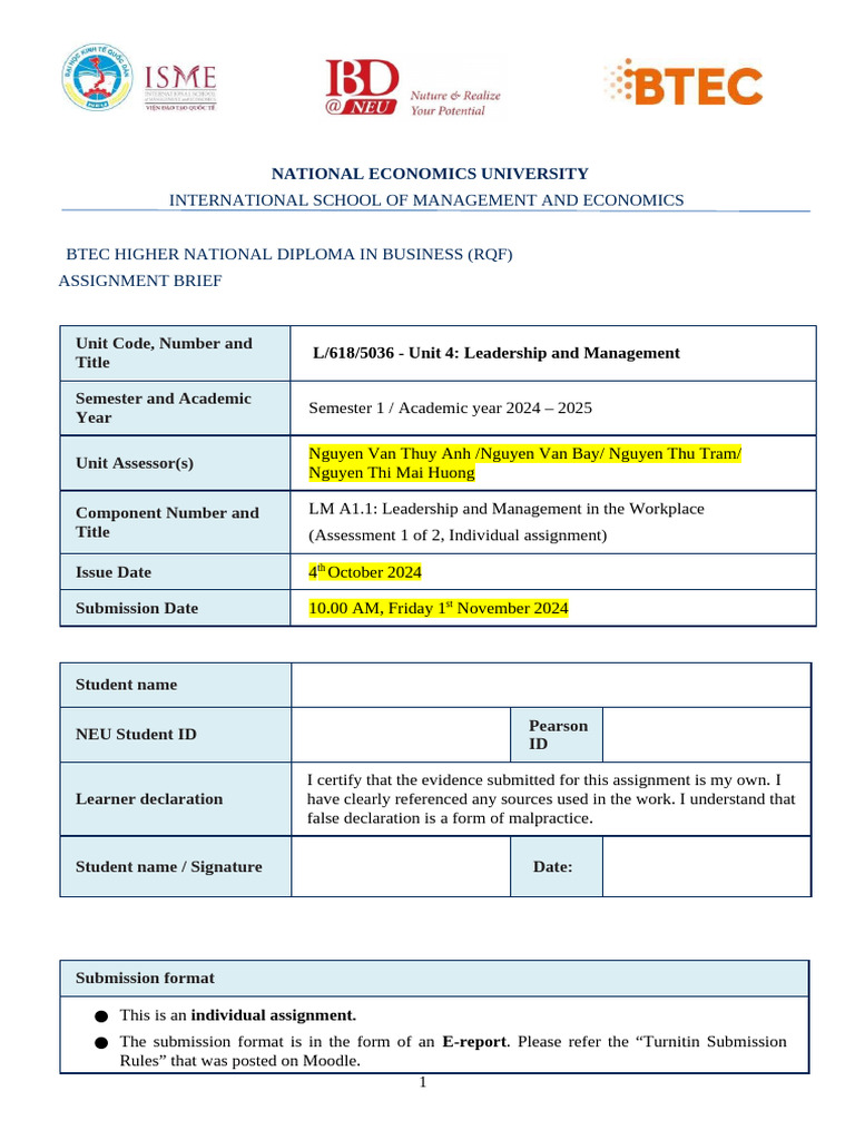 LM - A1 Assignment Brief - 2024 FALL | PDF | Leadership | Turnitin