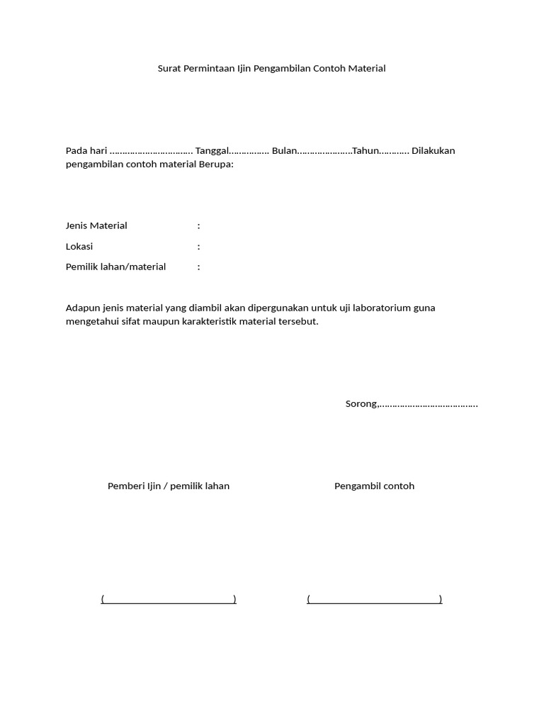 Surat Permintaan Ijin Pengambilan Contoh Material | PDF