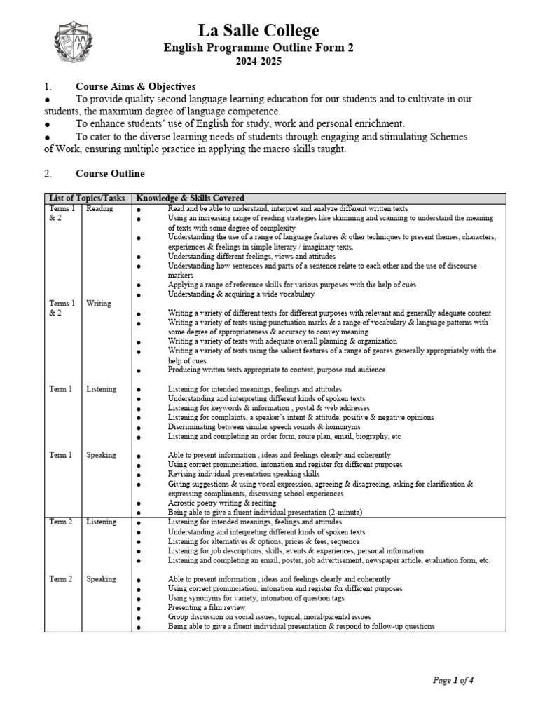 La Salle College 2024-25 F.2 English Programme Outline | PDF ...