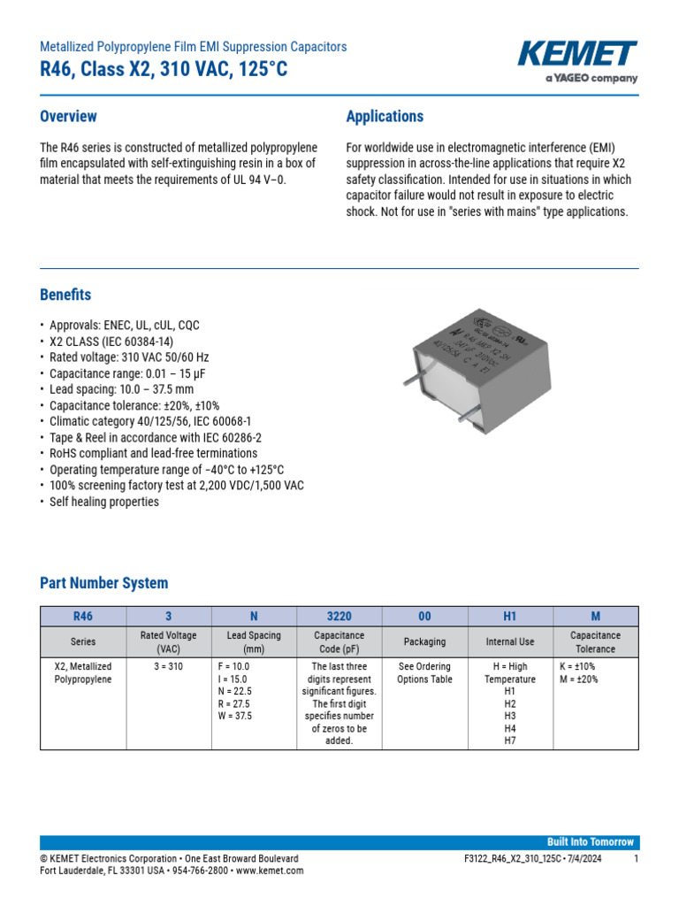 R46 X2 Capacitors: 310 VAC, 125°C | PDF | Capacitor | Electromagnetism