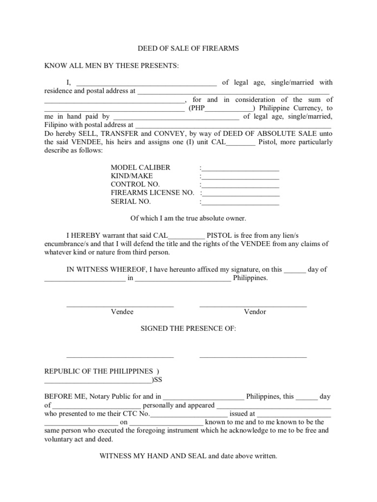 Deed of Sale of Firearms