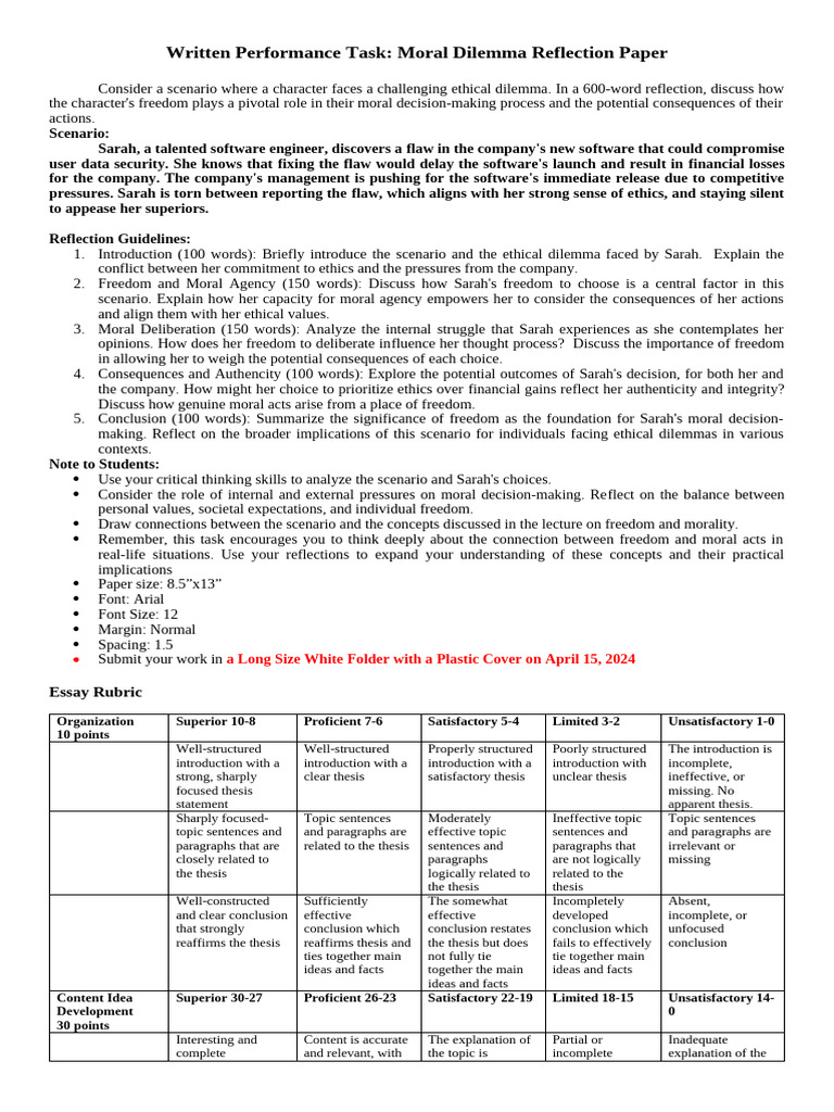 Performance Tasks Moral Dilemma | PDF | Morality | Decision Making