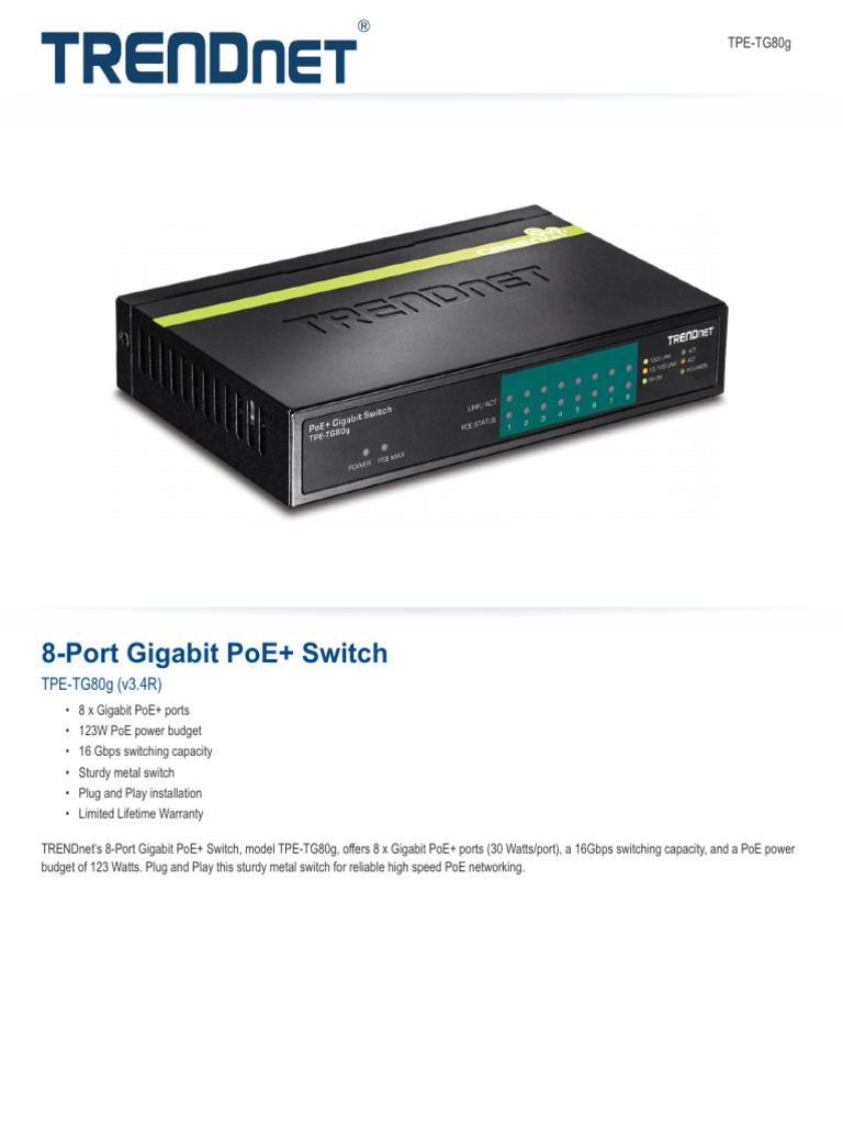 EN Datasheet TPE-TG80g (v3.4R) | PDF | Network Switch | Power Supply