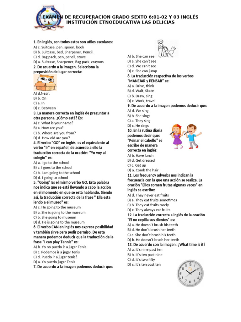 Examen Final Ingles 6 Grado | PDF