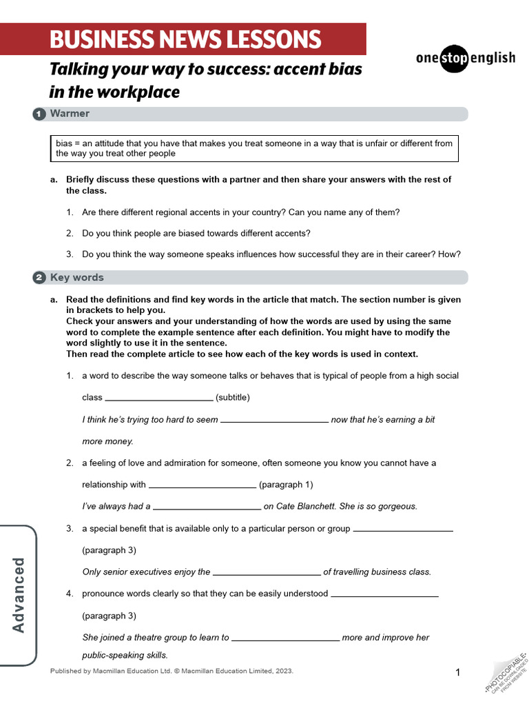 Accent Bias Advanced Business English Lesson PDF Stress