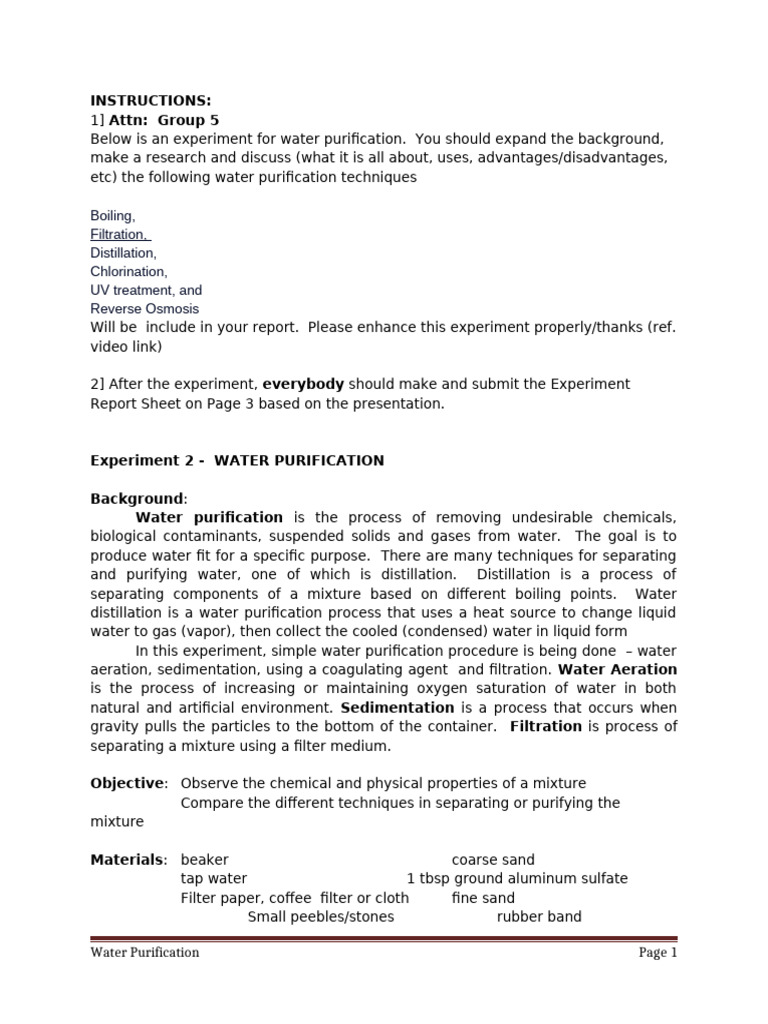 Experiment 2 WATER PURIFICATION | PDF | Water Purification | Water