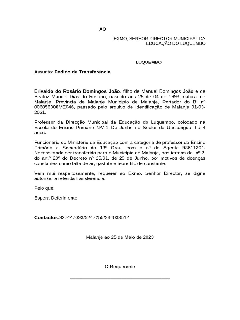 Pedido de Transferência de Professor | PDF