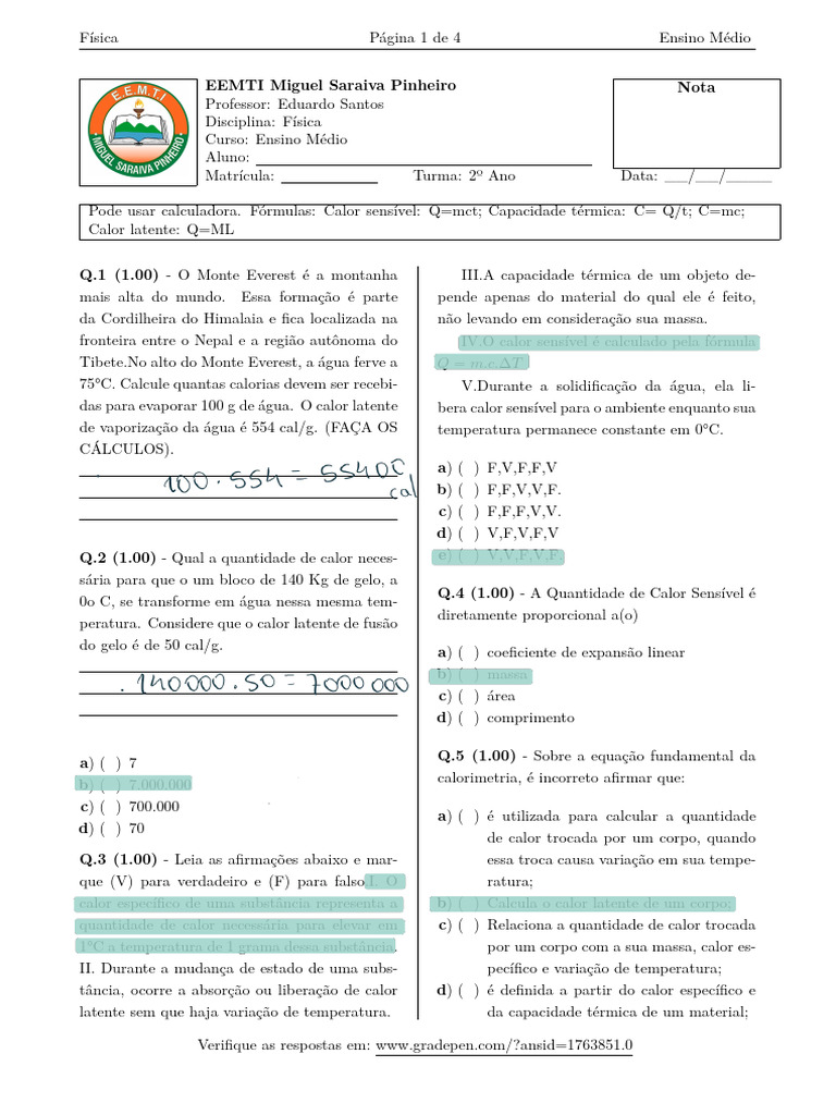 Questões de Calor e Termodinâmica | PDF | Calor | Temperatura