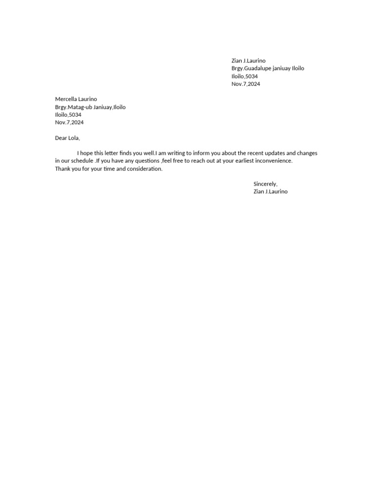 Schedule Update Letter to Lola | PDF