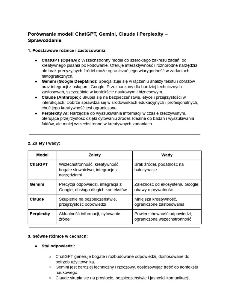 Porównanie Modeli ChatGPT, Gemini, Claude I Perplexity - Sprawozdanie | PDF