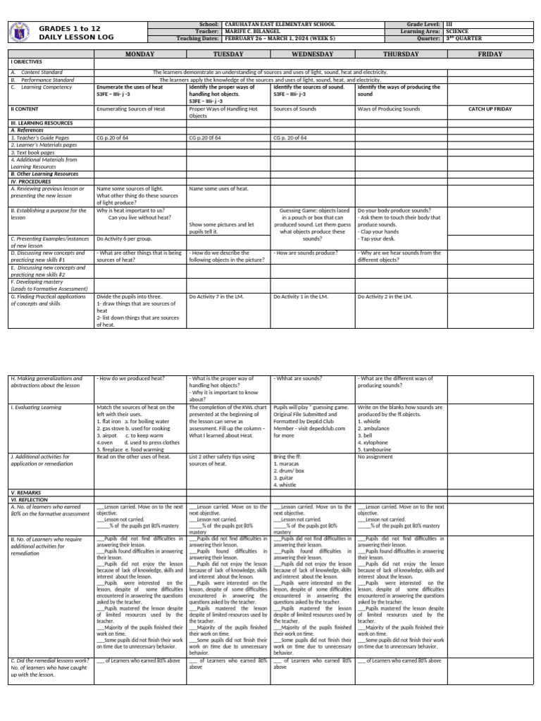 DLL - Science 3 - Q3 - W5 | PDF | Differentiated Instruction | Learning