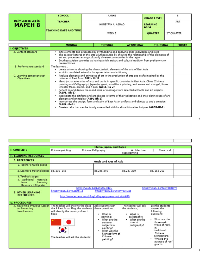 East Asian Art Lesson Plan for Grade 8 | PDF | Paintings | East Asia