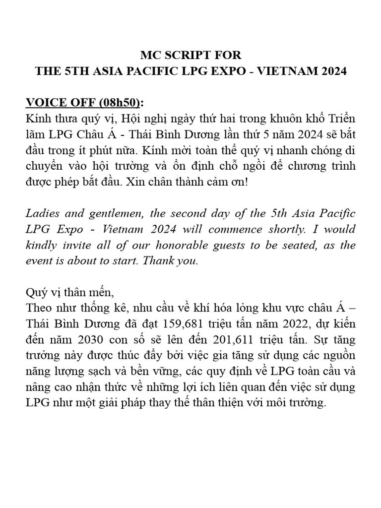 MC Script (DAY 2) For 5th Asia Pacific LPG Expo - Vietnam 2024 | PDF