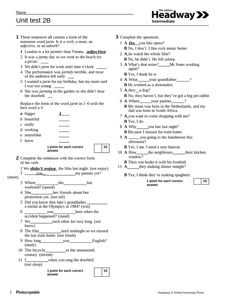 HW5e Int Test Unit 2B | PDF | Syntax | Grammar