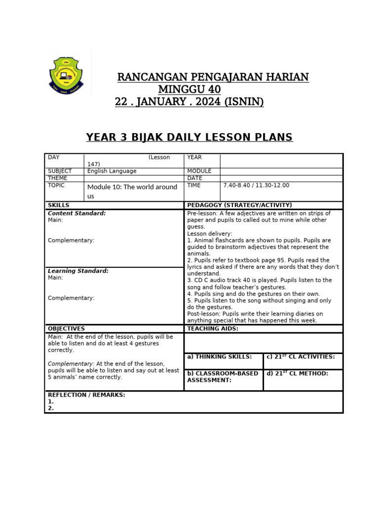 Year 3 English Lesson Plan: Animals | PDF | Lesson Plan | Teachers