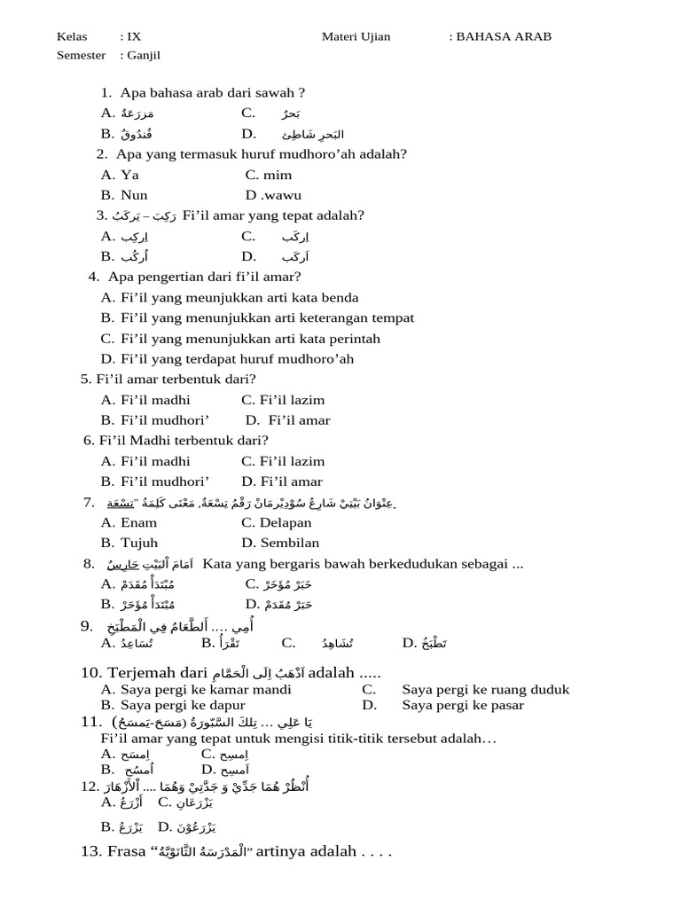 Ujian Bahasa Arab Kelas IX Ganjil | PDF