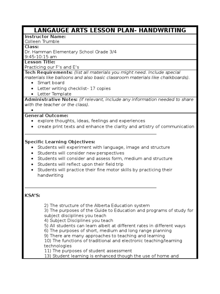 Langauge Arts Lesson Plan, Handwriting Grade 3/4 PDF Lesson Plan