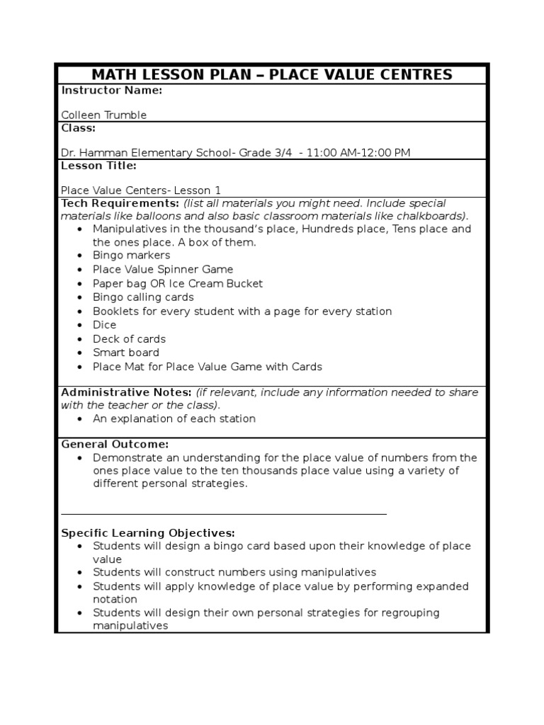 Math lesson plan place values grade 3 4 lesson plan teachers