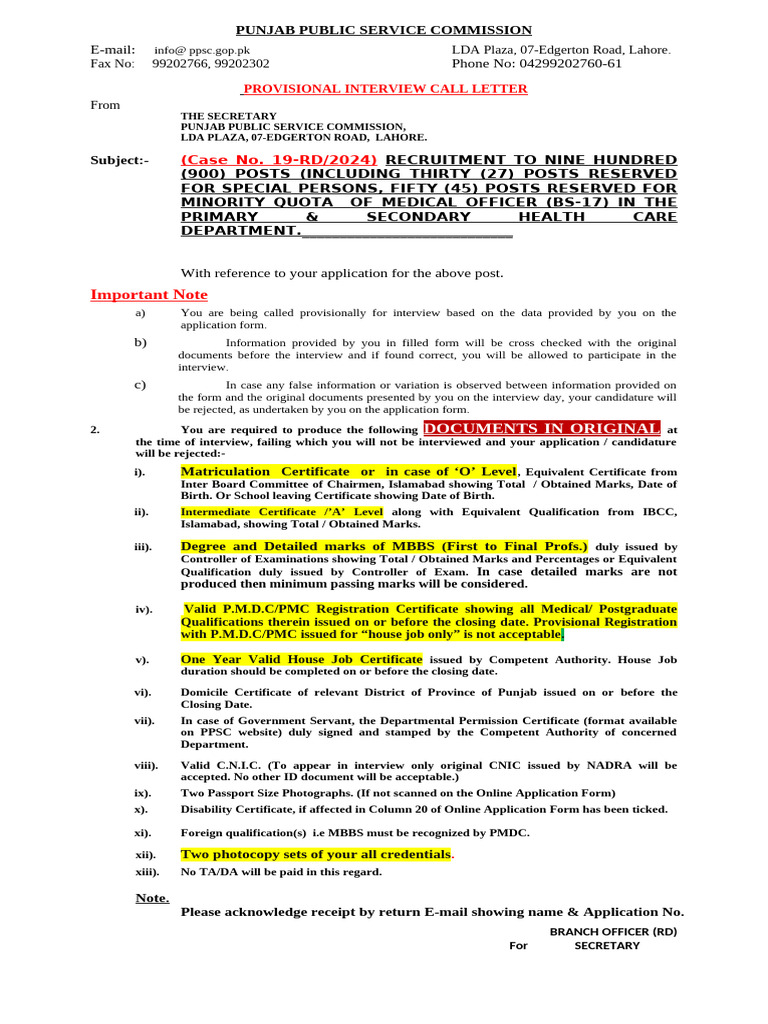 Dbranch102$Interview Call Letter of Medical Officer BS-17 | PDF ...