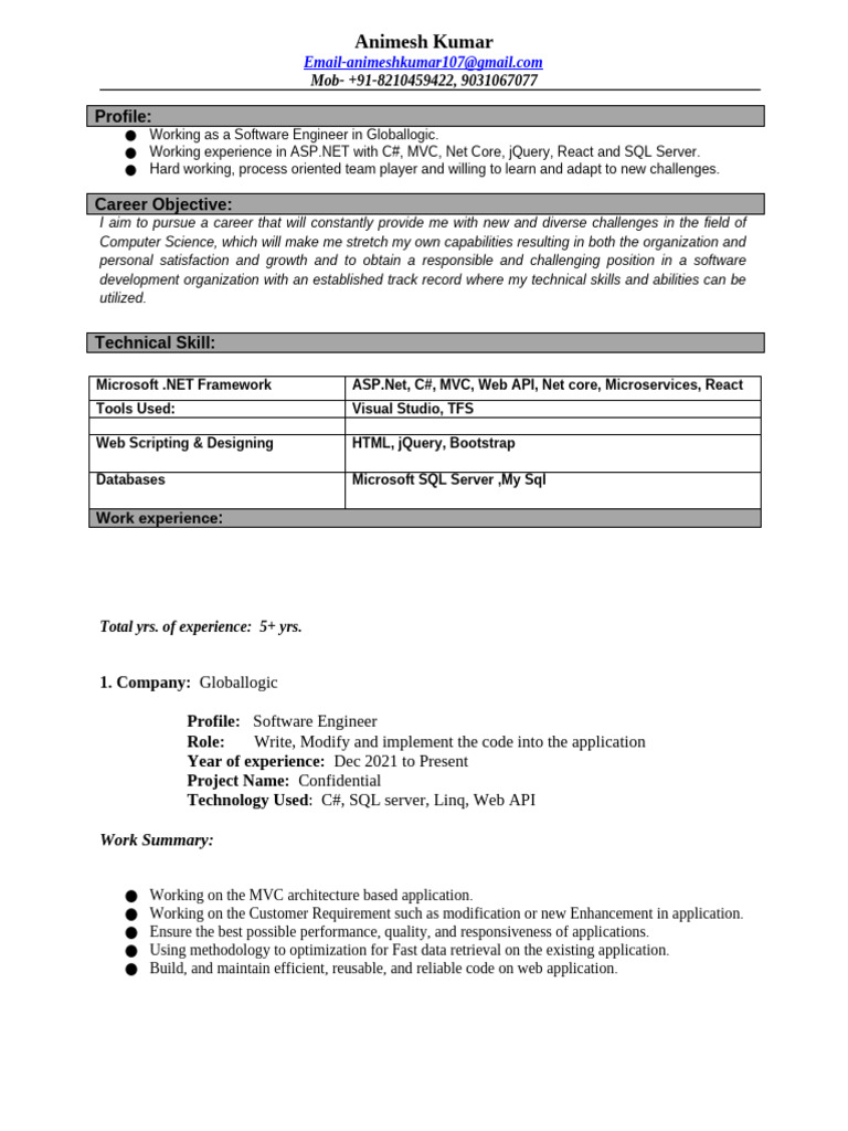 Resume Animesh | PDF | Microsoft Sql Server | Model–View–Controller