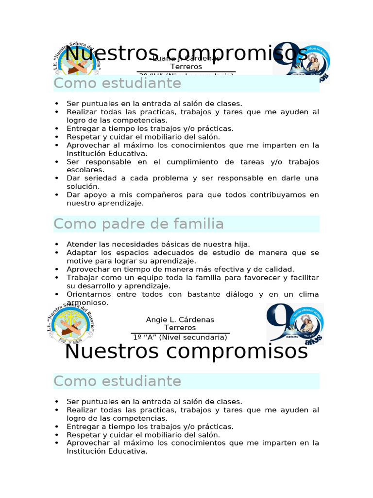 Compromisos de Estudiantes y Padres | PDF