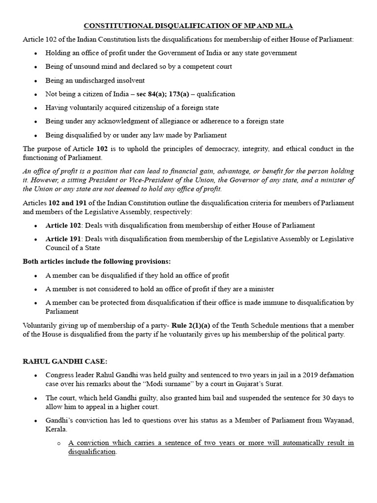 Constitutional Disqualification of MP and Mla | PDF | Political ...