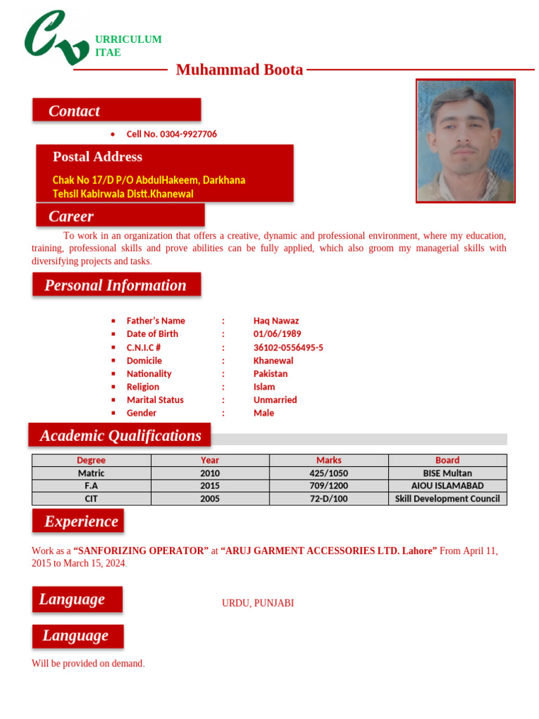 Muhammad Boota's Professional CV | PDF