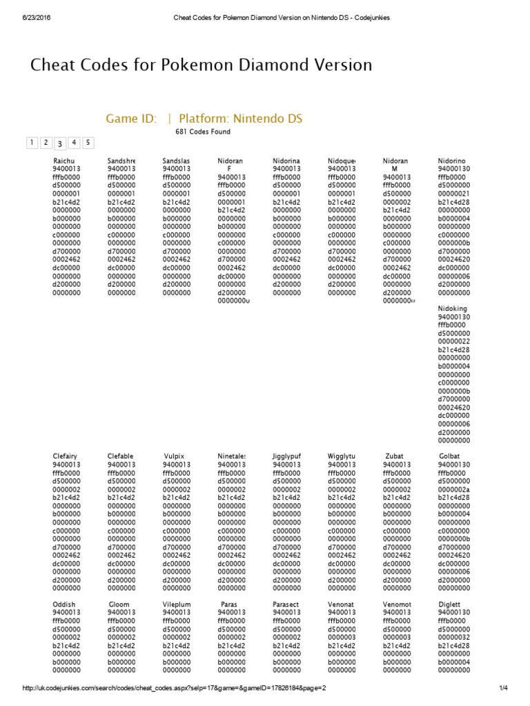 Pokemon Diamond Cheat Codes DS | PDF | Video Game Development ...