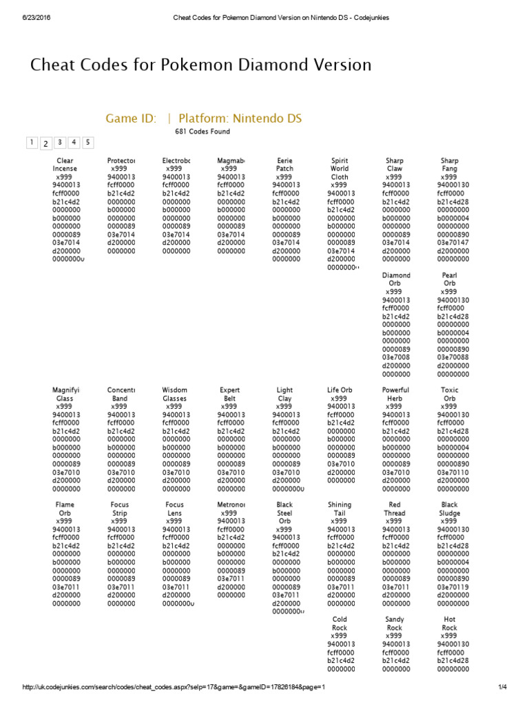 Cheat Codes For Pokemon Diamond2 | PDF | Pokémon | Nintendo