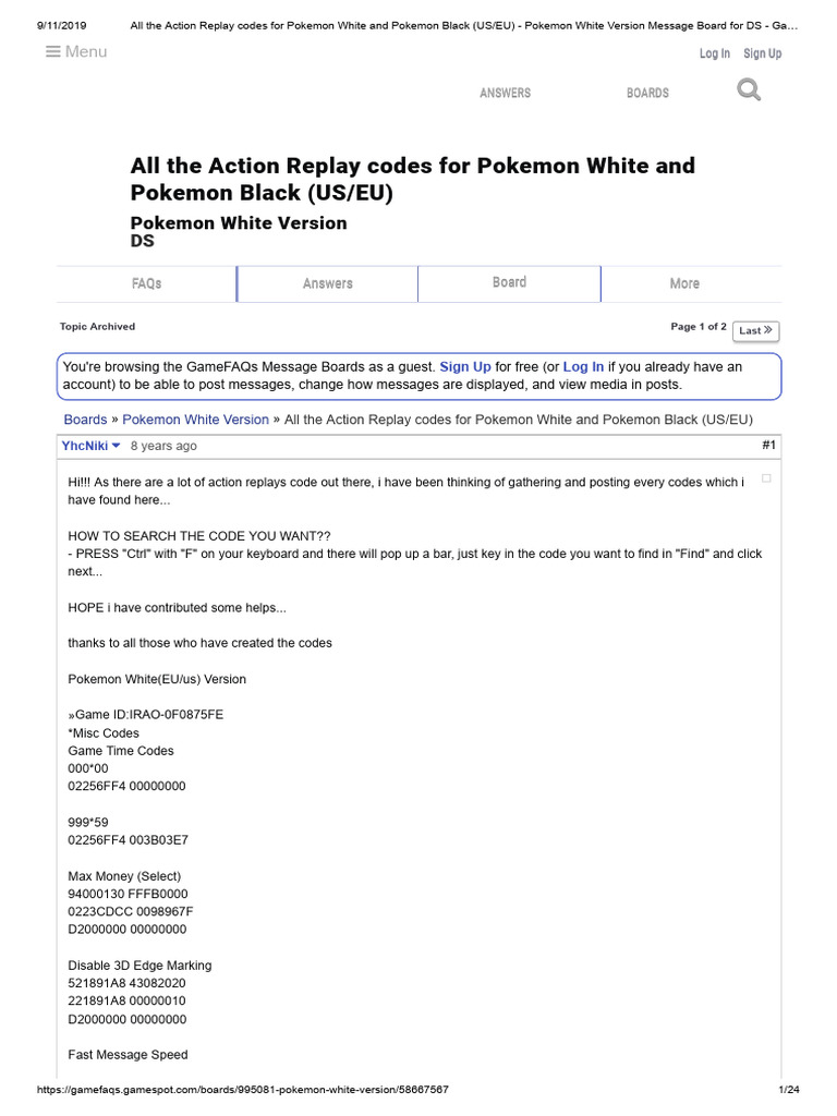 All The Action Replay Codes For Pokemon White and Pokemon Black (US ...