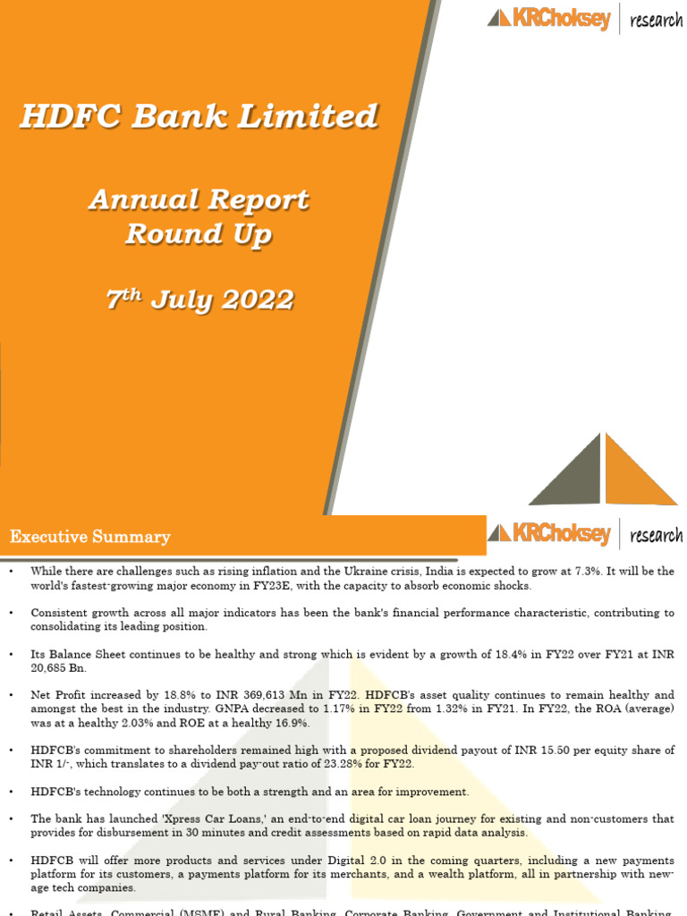 HDFC Bank FY22 Annual Report Summary | PDF | Inflation | Banks