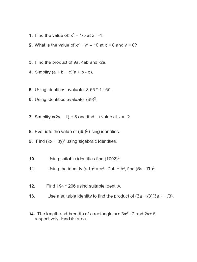 Algebraic Evaluations and Identities Guide | PDF