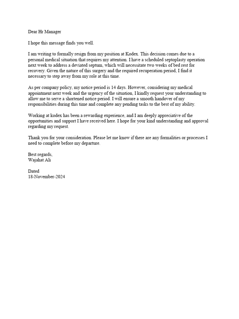 Resignation Letter Due to Medical Reasons | PDF