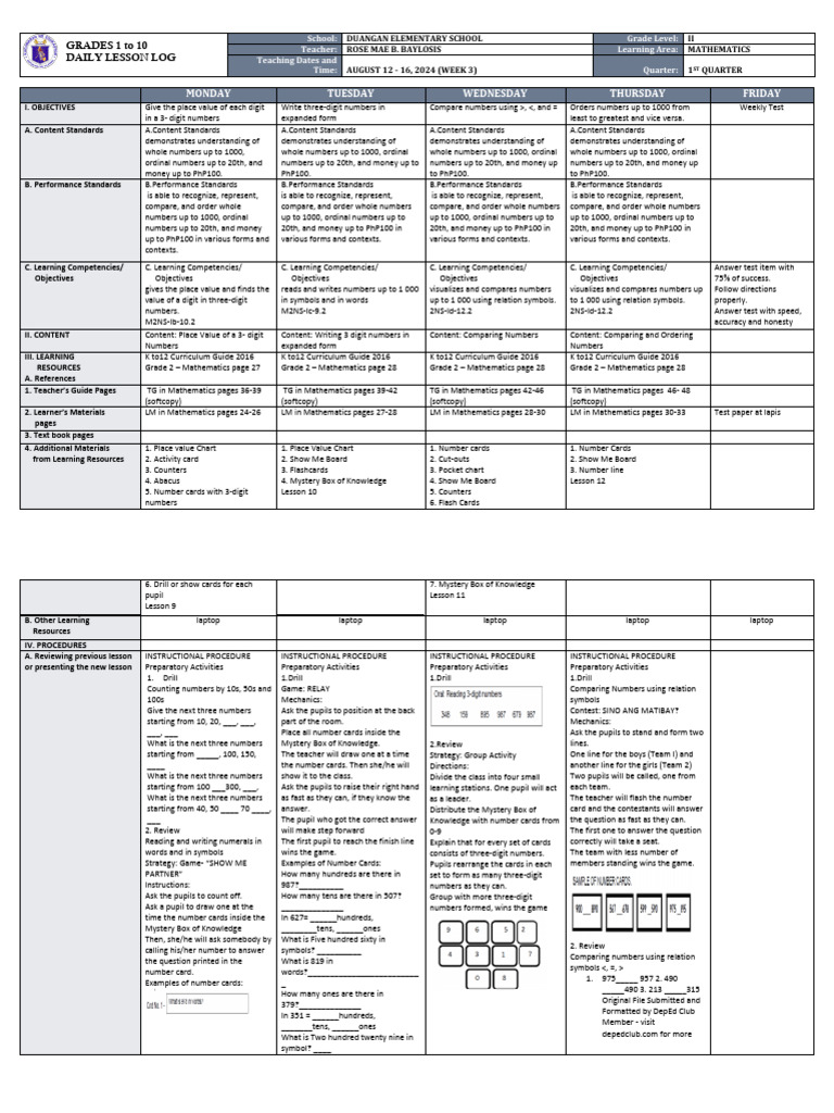 Grade 2 Math Lesson Plan | PDF | Numbers | Mathematics