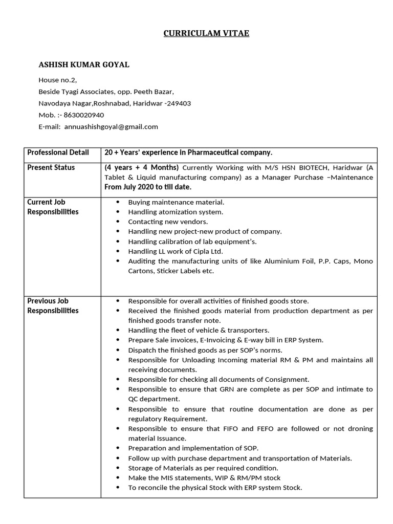 Ashish Goyal's Pharmaceutical CV | PDF | Business Process | Service ...