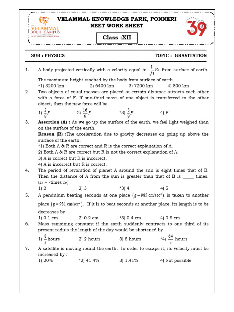 Gravitation - Physics Neet Worksheet | PDF | Gravity | Force