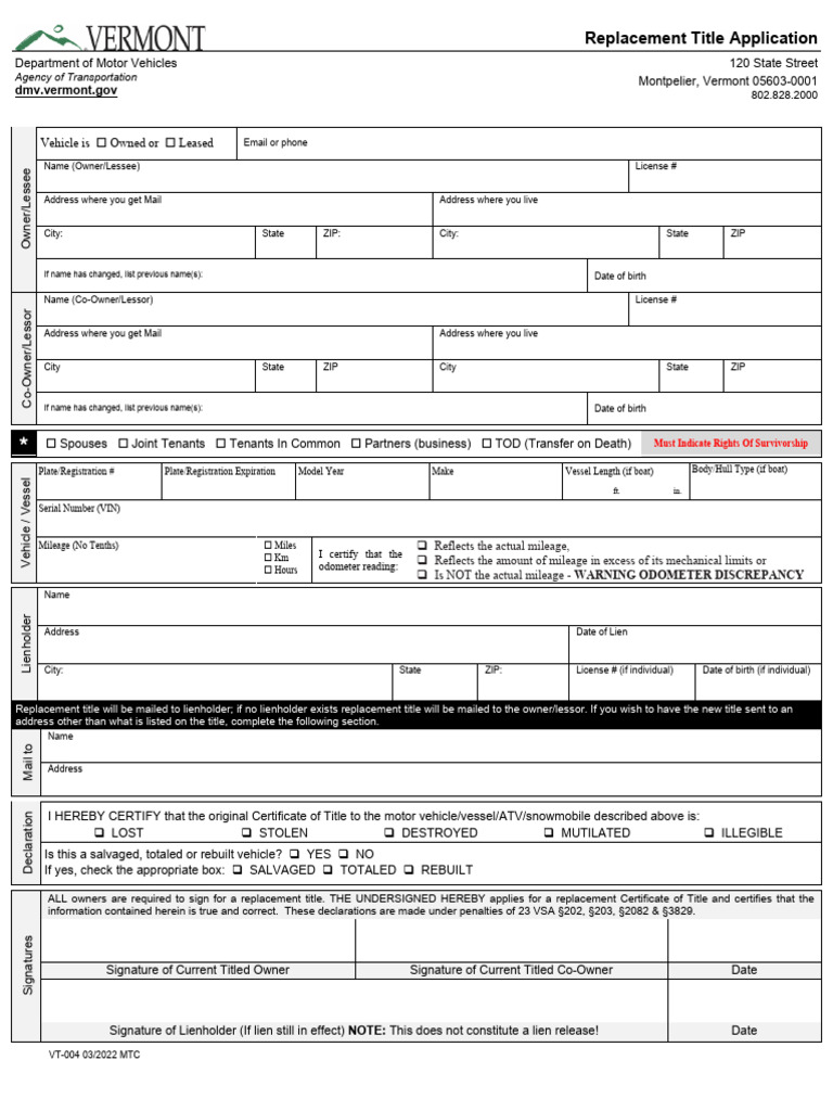 Vermont Replacement Title Application | PDF | Concurrent Estate | Lease