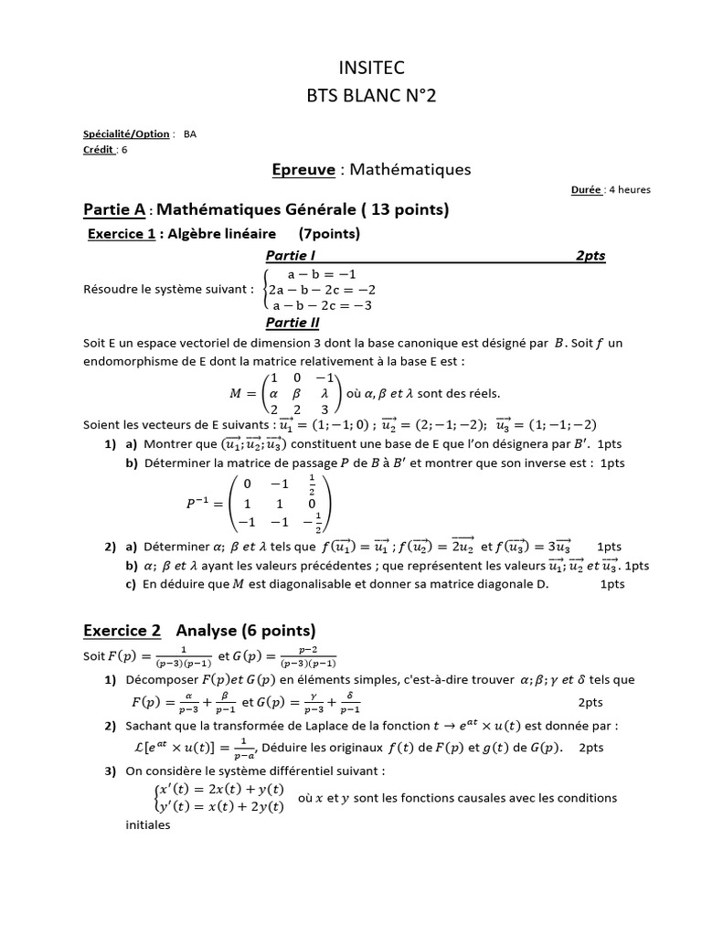 Maths BTS Blanc N°2 Ba | PDF | Base (algèbre linéaire) | Matrice ...