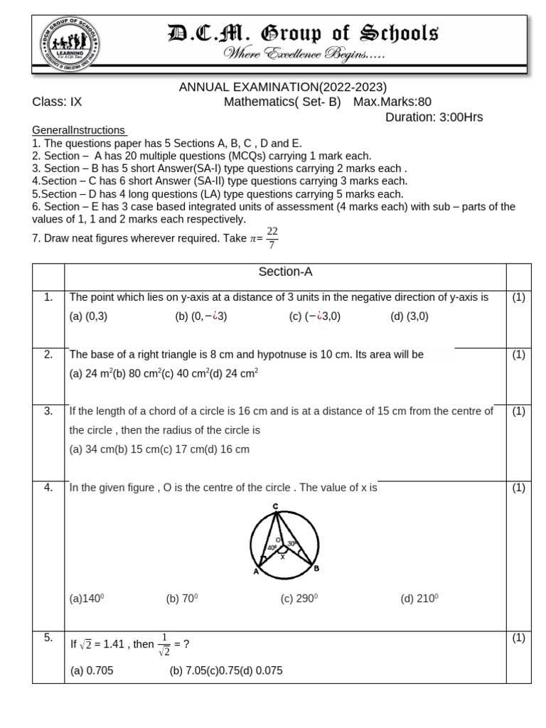 Class IX Mathematics Exam Paper 2022-23 | PDF | Cost Of Living | Area