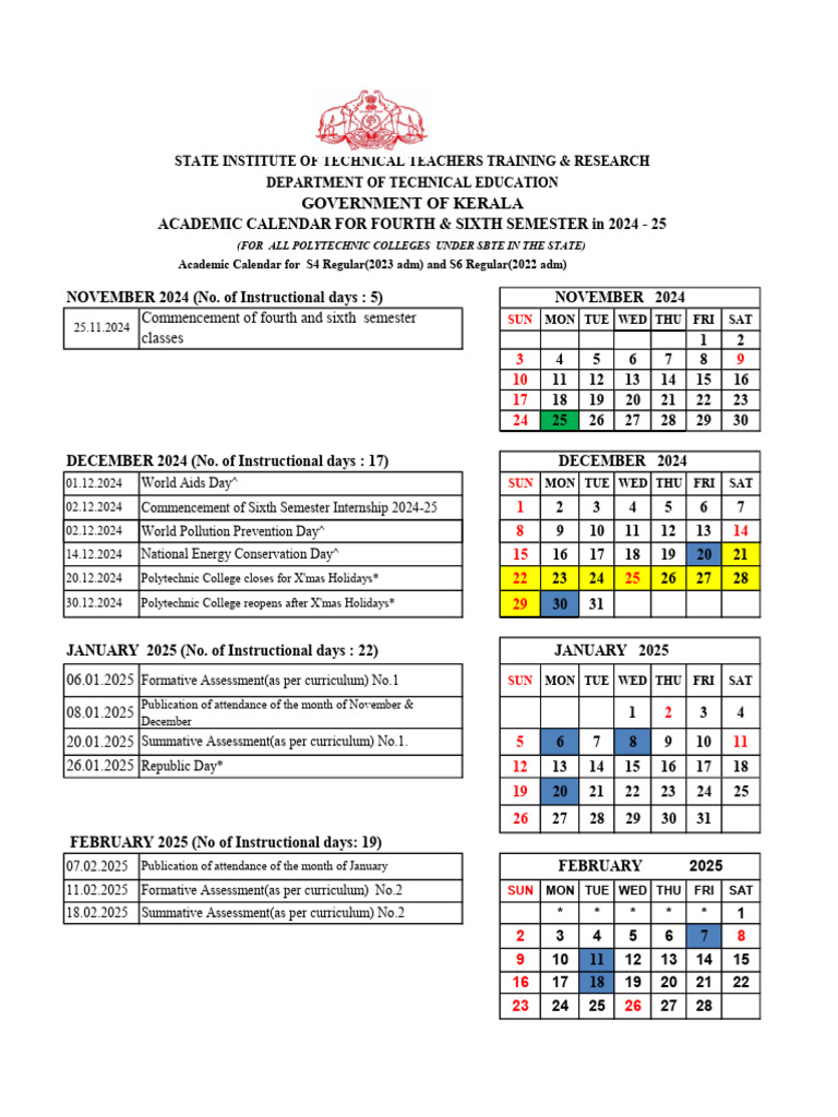 Kerala Polytechnic Academic Calendar 2024-25 | PDF | Academic Term ...