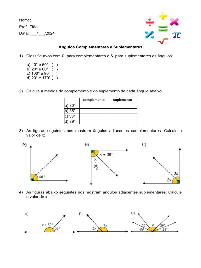 Ângulos Complementares e Suplementares | PDF