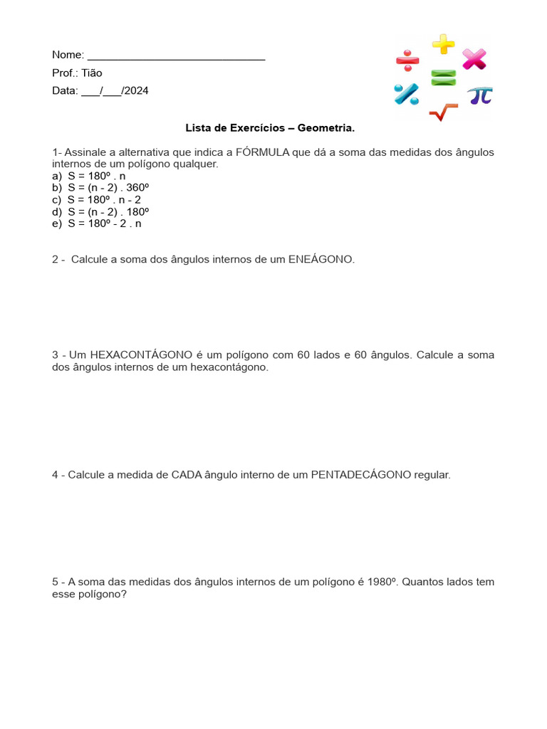 Exercícios de Geometria: Ângulos Internos | PDF