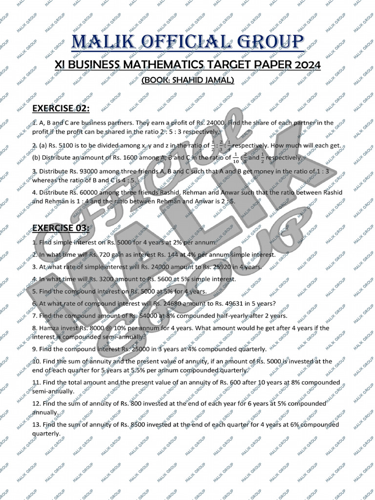 Xi Business Math - Target Paper 2024 - Malik Group | PDF
