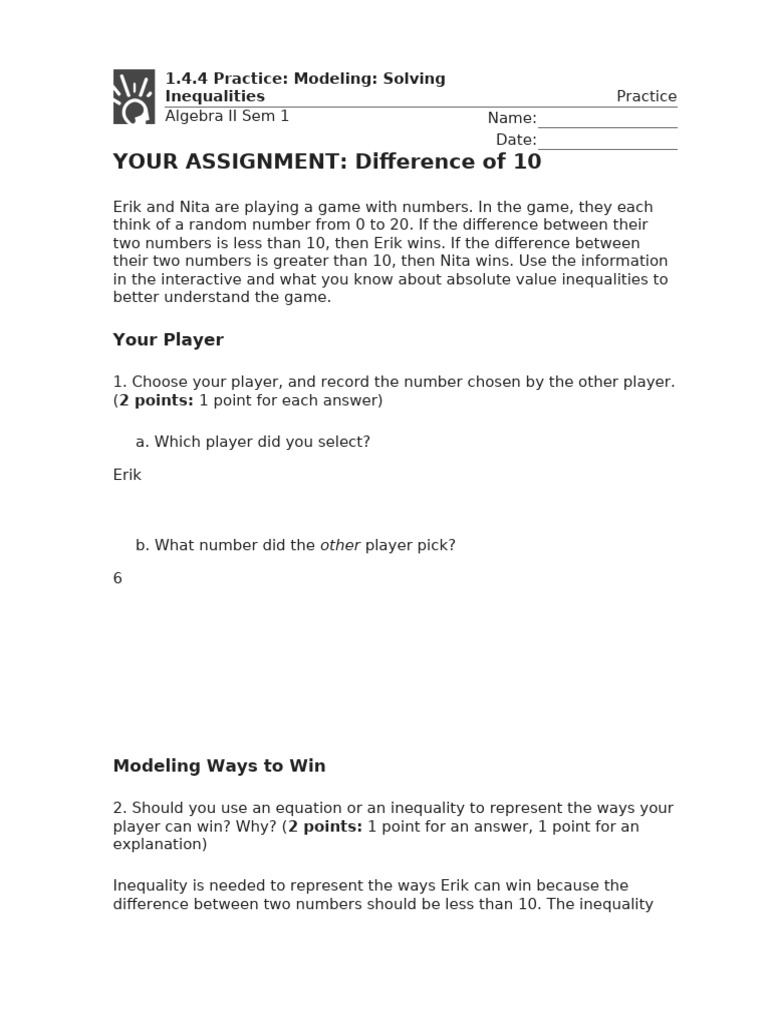 1.4.4 Practice - Modeling - Solving Inequalities (Practice) | PDF | Equations | Mathematical ...